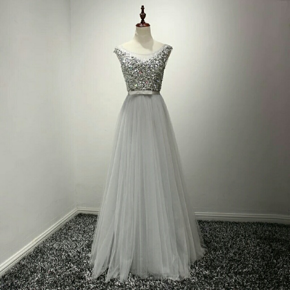 Bling beads grey wedding evening long dress prom
