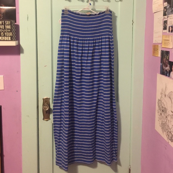 blue and white strapless dress