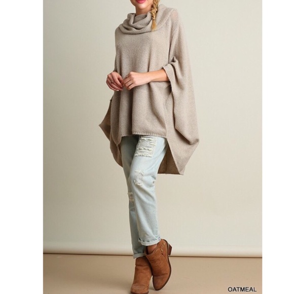 🔺LAST🔻Boho poncho cowl neck oatmeal sweater - Picture 2 of 4