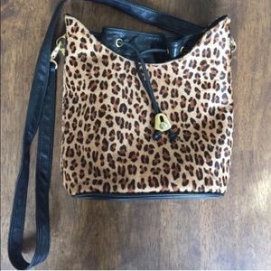 Genuine leather and pony hair leopard bucket bag