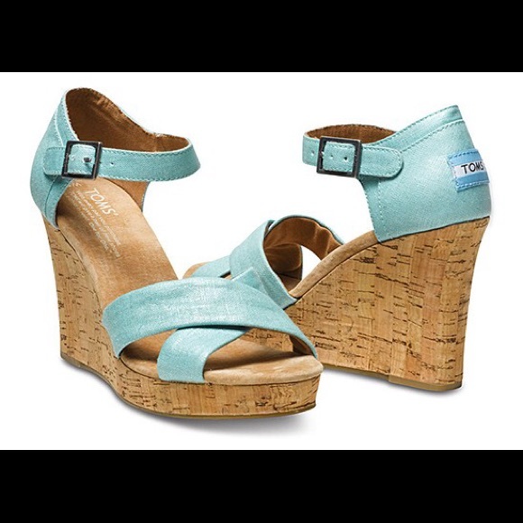 Turquoise metallic linen Toms wedge sandals