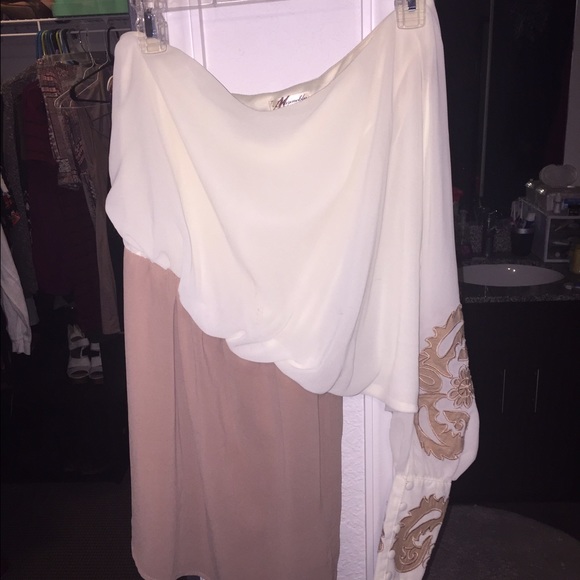 Off White and Tan Off the Shoulder Dress