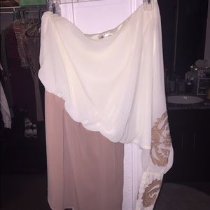 Off White and Tan Off the Shoulder Dress