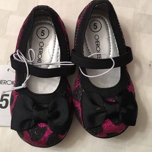 NWT Cherokee Pink/Black Heart Glitter Ballet Flats