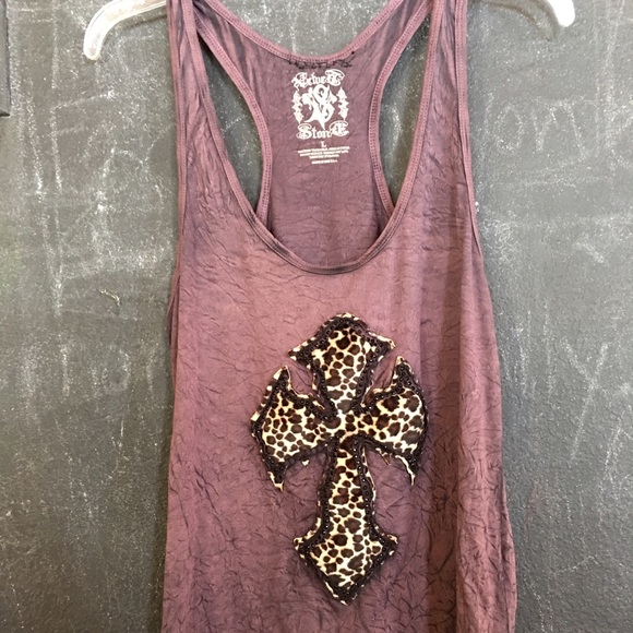 Long purple distressed tank with leopard cross