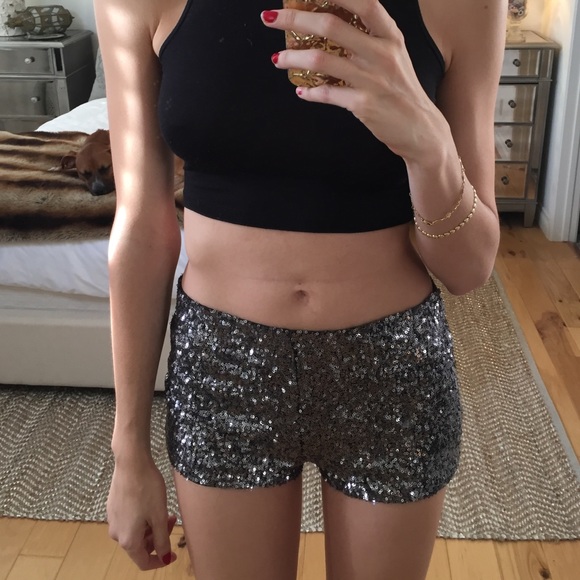 Dark grey/silver sequin tight fitting mini shorts