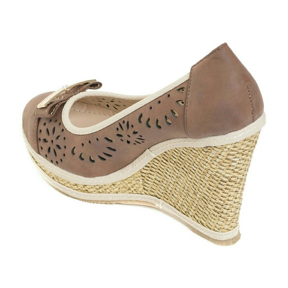 Women Wedge Buckle Espadrilles hw-1677, Brown - Picture 3 of 3