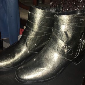 Derek lam pewter patent leather booties.