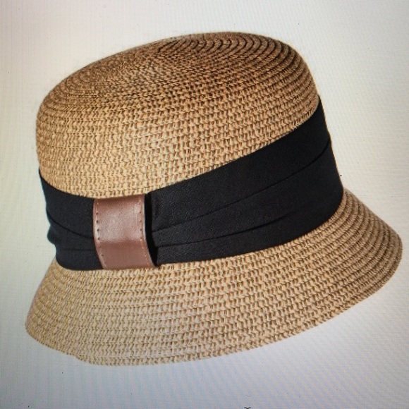 Straw Cloche Hat with Black Sash and Brown Detail