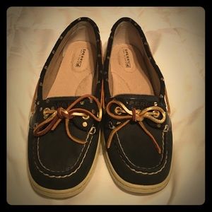 Navy Blue Sperrys with gold accents