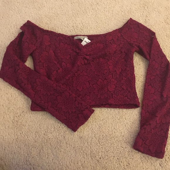Wine colored lace crop top with pinched neckline