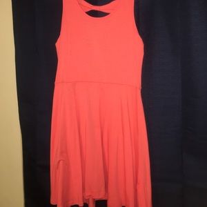 Delia's coral dress, midlength with bows on back