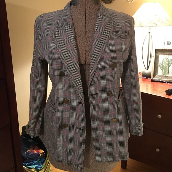 Black and pink plaid blazer
