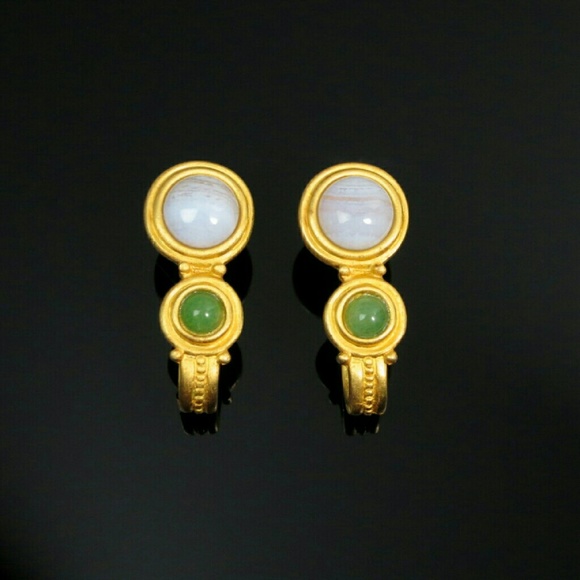 Faux Jade Earrings Green White Stones in Matte Gold Tone