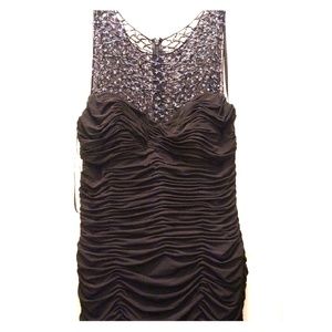 Black ruched beaded cocktail dress