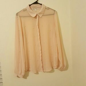 LC Lauren Conrad Sheer Pearl Shirt Sz L