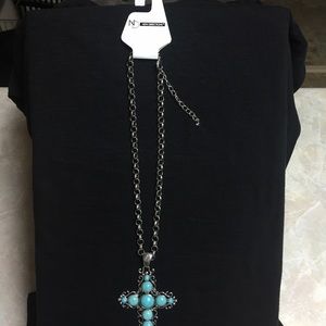 Silver Tone Turquoise Cross Pendant Necklace