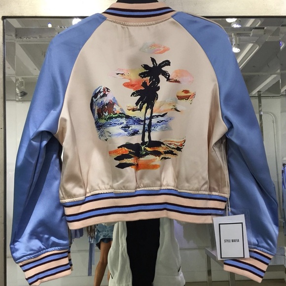 Bomber jacket satin pink and blue hibiscus 🌺 - Picture 2 of 2