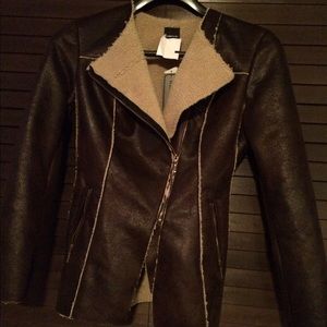 Sherpa lined faux leather brown jacket