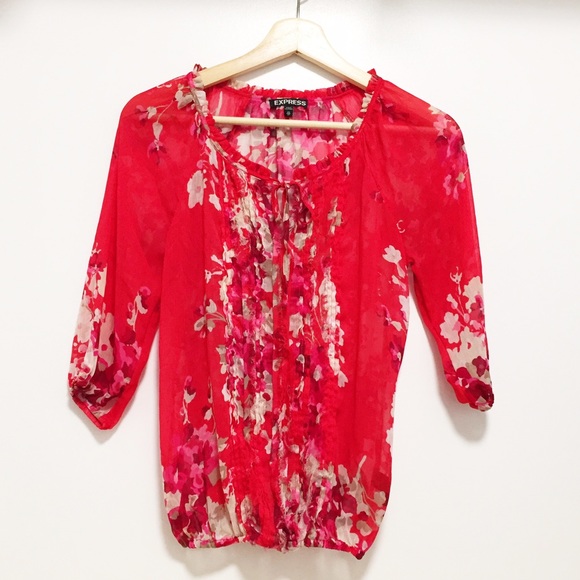 Express 3/4 Sleeve Sheer Floral Blouse