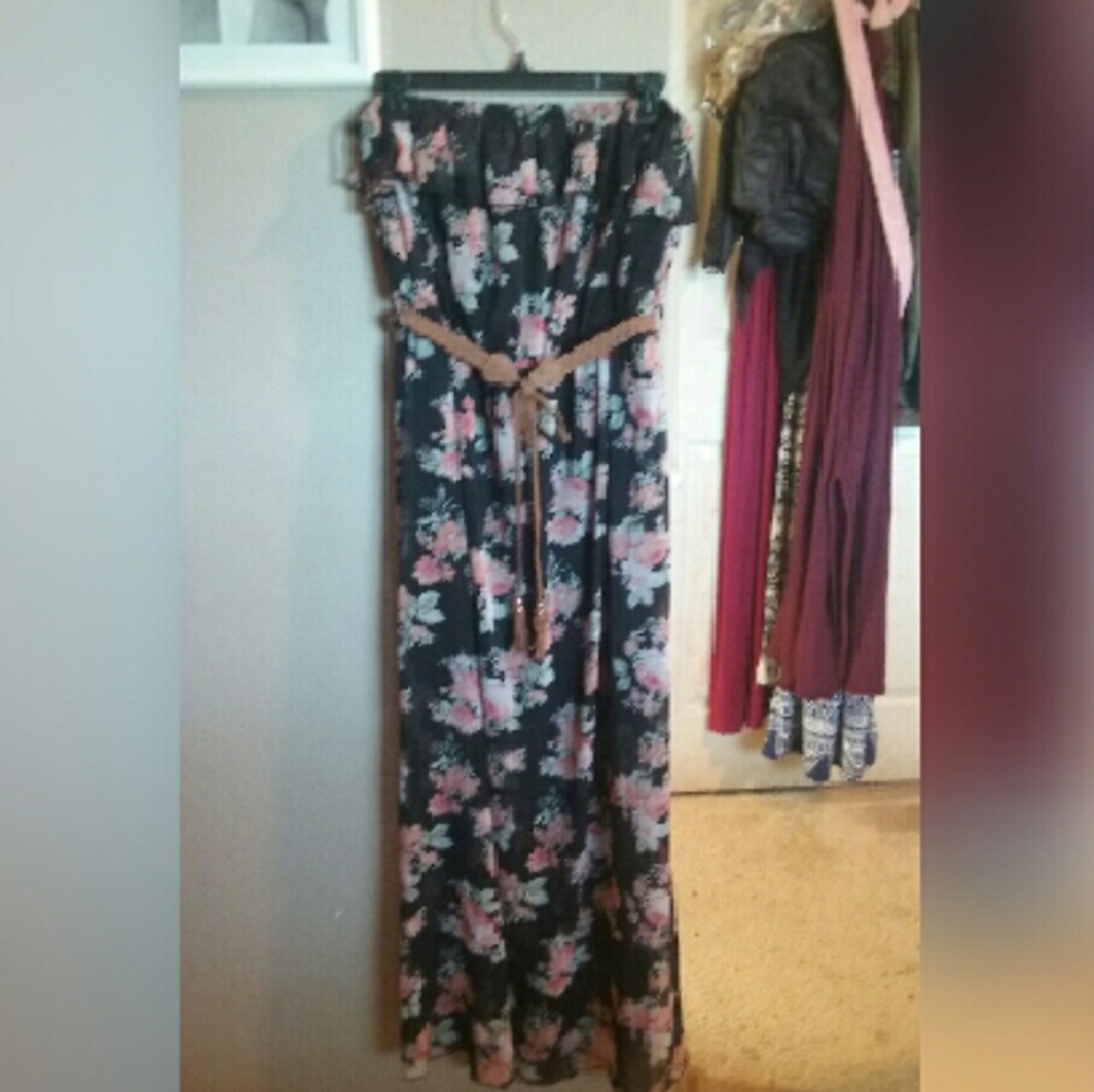 black floral chiffon maxi dress.