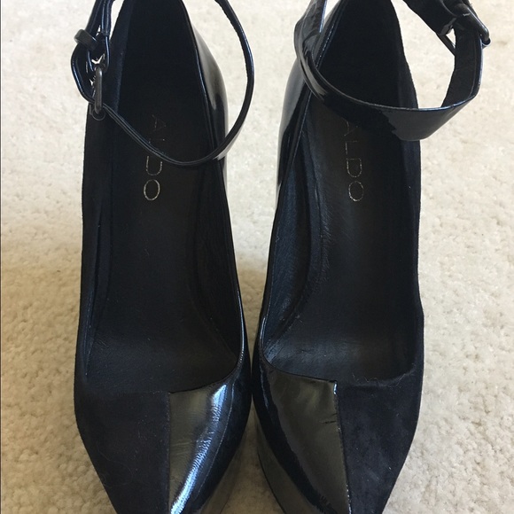 Aldo Half Suede Half Patent Ankle Strap Wedges - Picture 3 of 4