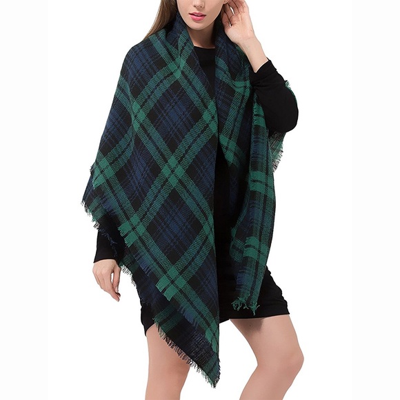 Green Check Tartan Plaid Blanket Scarf - Picture 1 of 4