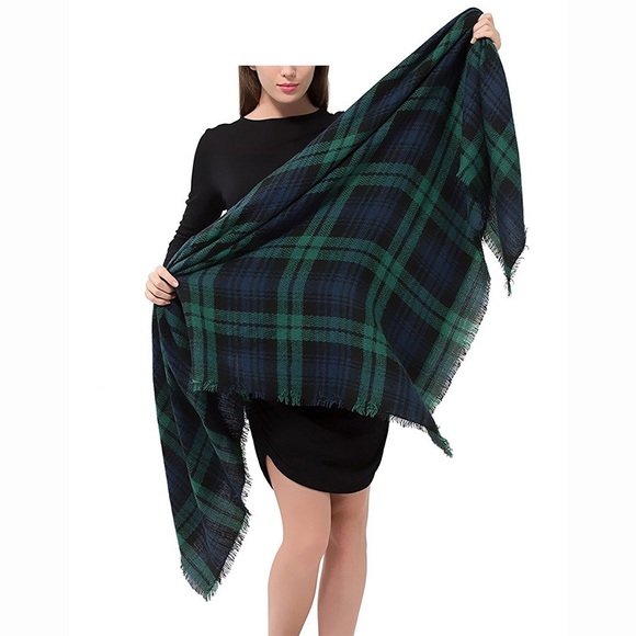 Green Check Tartan Plaid Blanket Scarf - Picture 3 of 4