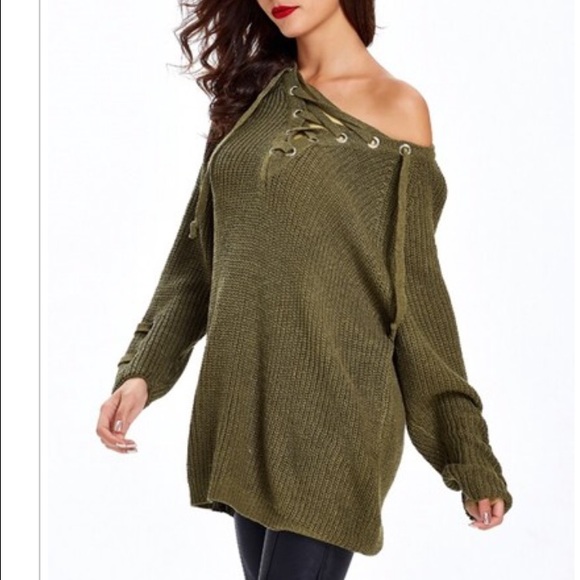 CHIC Olive Sweater Lace up details - Picture 2 of 4