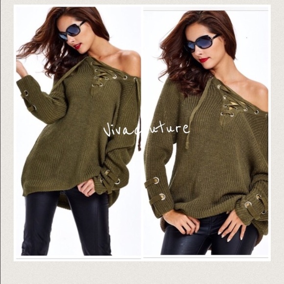 CHIC Olive Sweater Lace up details - Picture 3 of 4