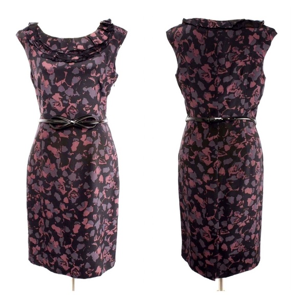 100% Silk Purple Black Ruffle Neck Floral - Picture 1 of 4