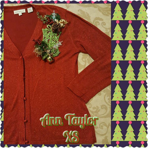 Ann Taylor Red Metallic Cardigan w/ Ornaments