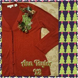 Ann Taylor Red Metallic Cardigan w/ Ornaments