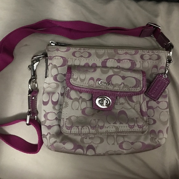 Coach Monogram crossbody with Plum color strap