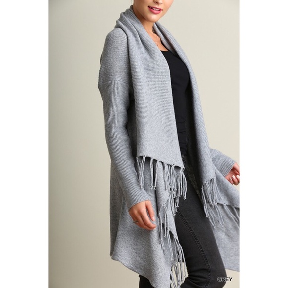 Long Sleeve Open Front Cardigan with Fringe Detail - Picture 2 of 3