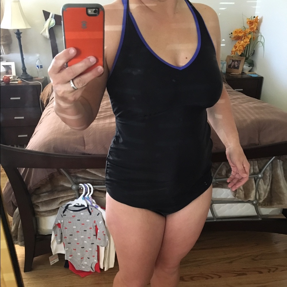 Maternity Black with blue trim swim suit, size lrg