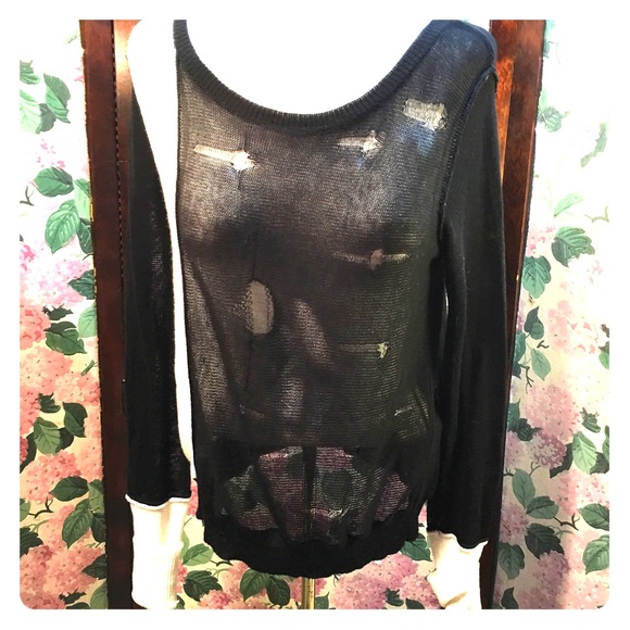 BCBG MAXAZRIA  ripped sweater black White sheer