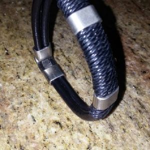 Men's Black Leather Braided Clasp Bracelet