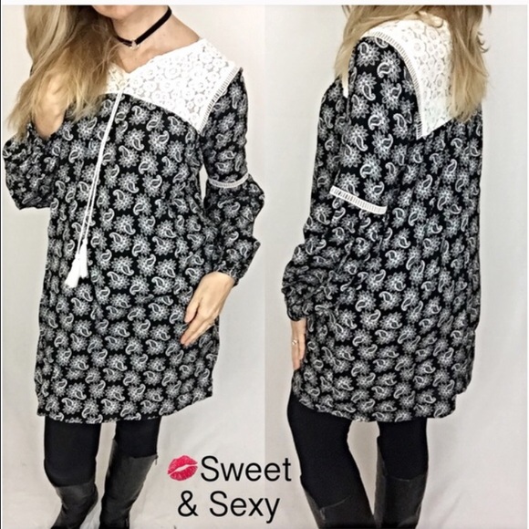 Lace Tassel Paisley Boho Tunic Dress ML - Picture 2 of 6