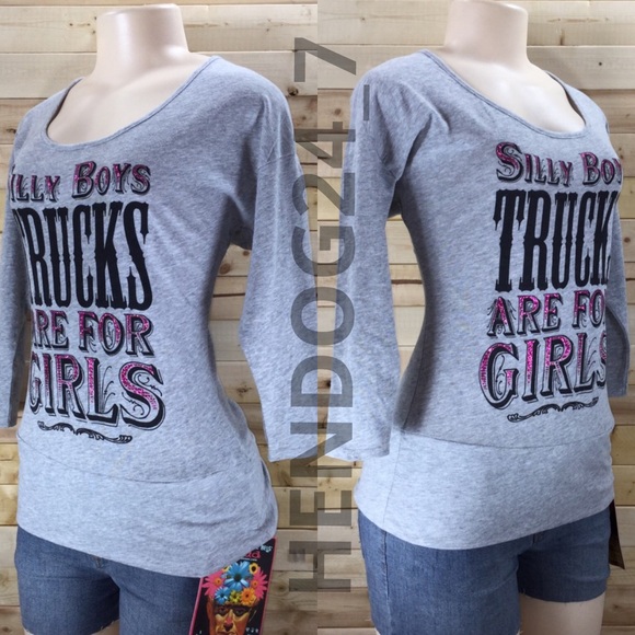 SILLY BOYS TRUCKS ARE ARE GIRLS GLITTERY TEE S-2XL - Picture 2 of 4