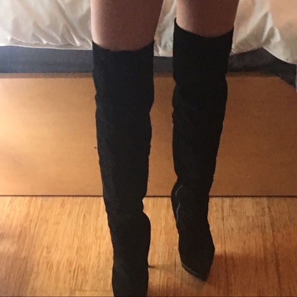 Boots black leather suede knee thigh size 8