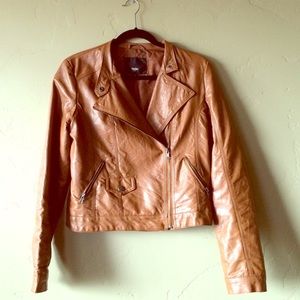 Faux leather camel motorcycle jacket