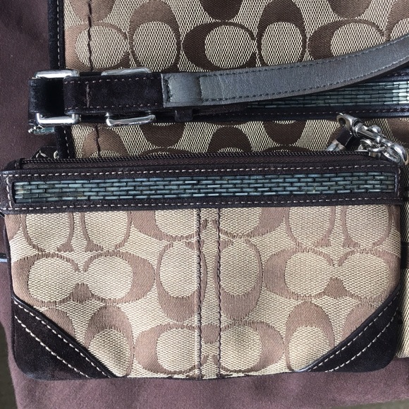 Coach monogram wristlet with sequins and suede