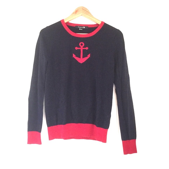 Navy blue cotton sweater with red anchor and cuffs