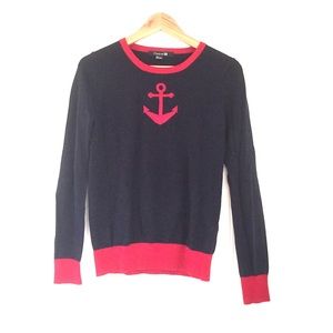 Navy blue cotton sweater with red anchor and cuffs