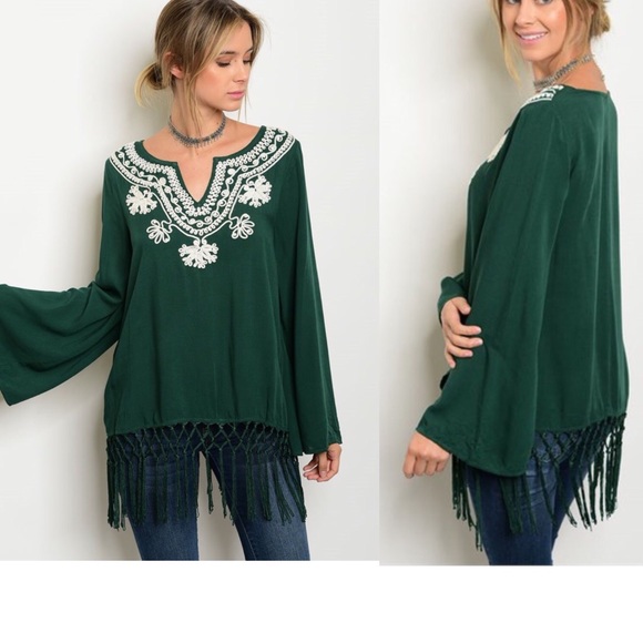 ❗LAST 1❗Emerald green fringe tunic top embroidery - Picture 2 of 4