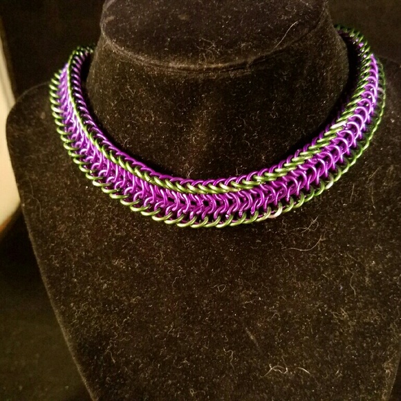 This is a handmade chainmail necklace.