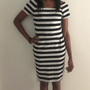 Black and white horizontal striped dress.