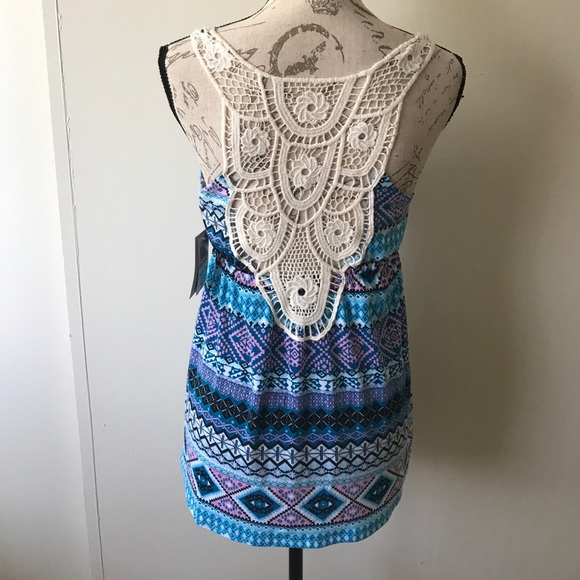 {Pink Rose} Blue Printed Crochet Back Tank - Picture 2 of 6