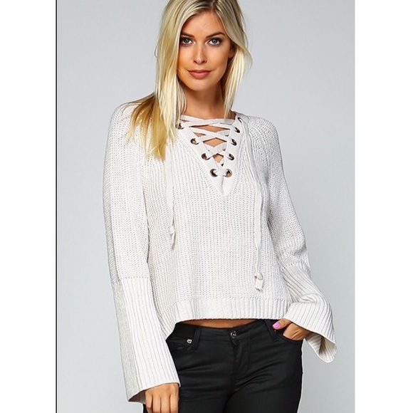 Gray Lace Up Sweater - Picture 2 of 6